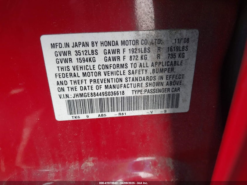 2009 HONDA FIT VIN: JHMGE88449S036618