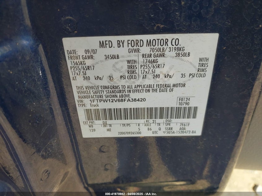 2008 FORD F-150 VIN: 1FTPW12V68FA38420