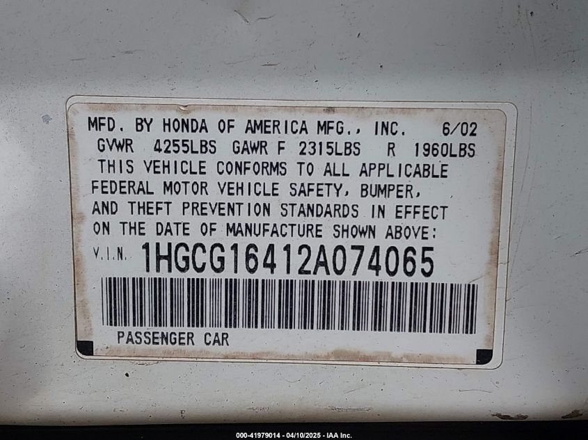 2002 Honda Accord 3.0 Lx VIN: 1HGCG16412A074065 Lot: 41979014