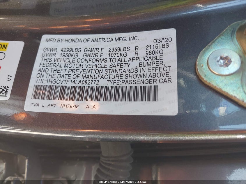 VIN 1HGCV1F14LA082772 2020 HONDA ACCORD LX