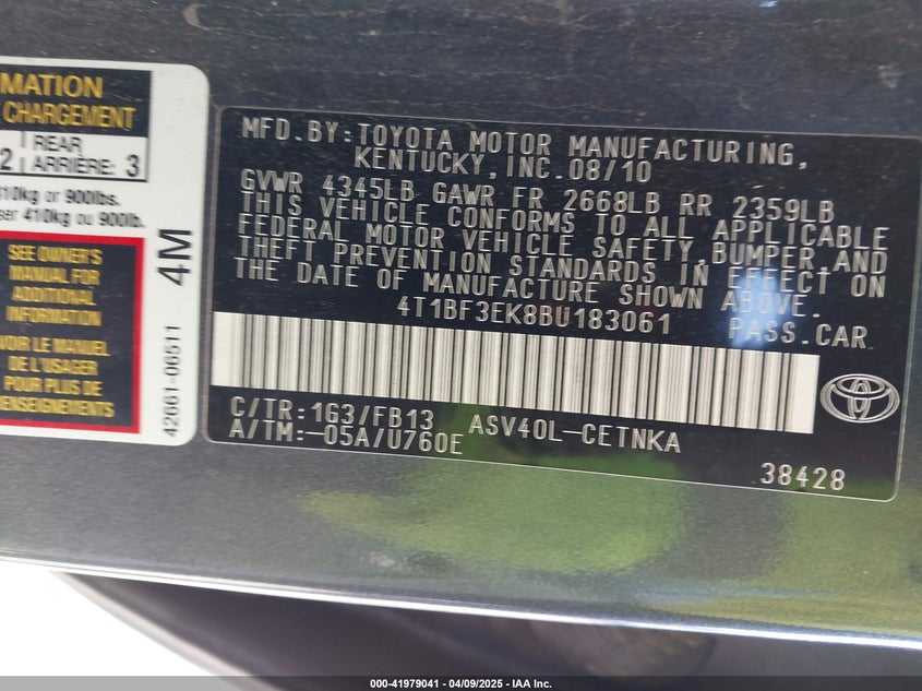 2011 TOYOTA CAMRY VIN: 4T1BF3EK8BU183061