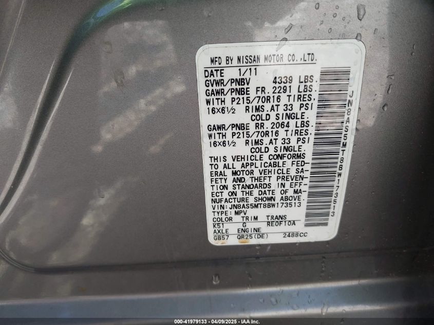 2011 Nissan Rogue S VIN: JN8AS5MT8BW173513 Lot: 41979133