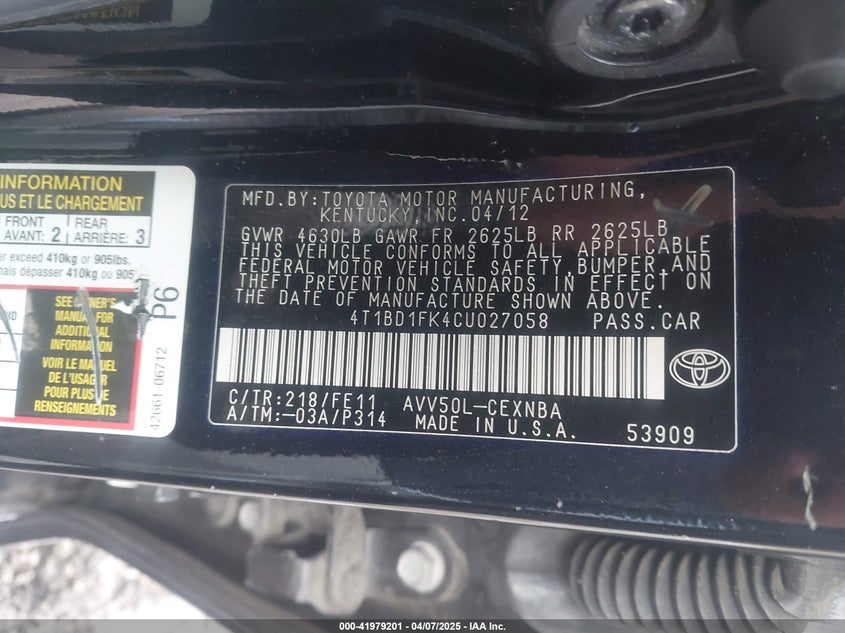 2012 TOYOTA CAMRY HYBRID VIN: 4T1BD1FK4CU027058