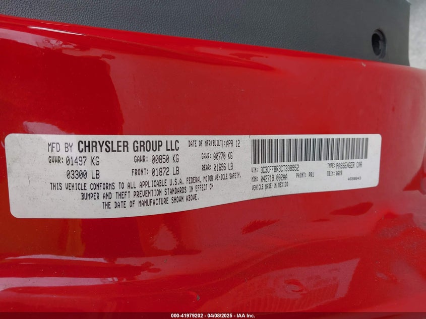 2012 FIAT 500 VIN: 3C3CFFBR3CT338952