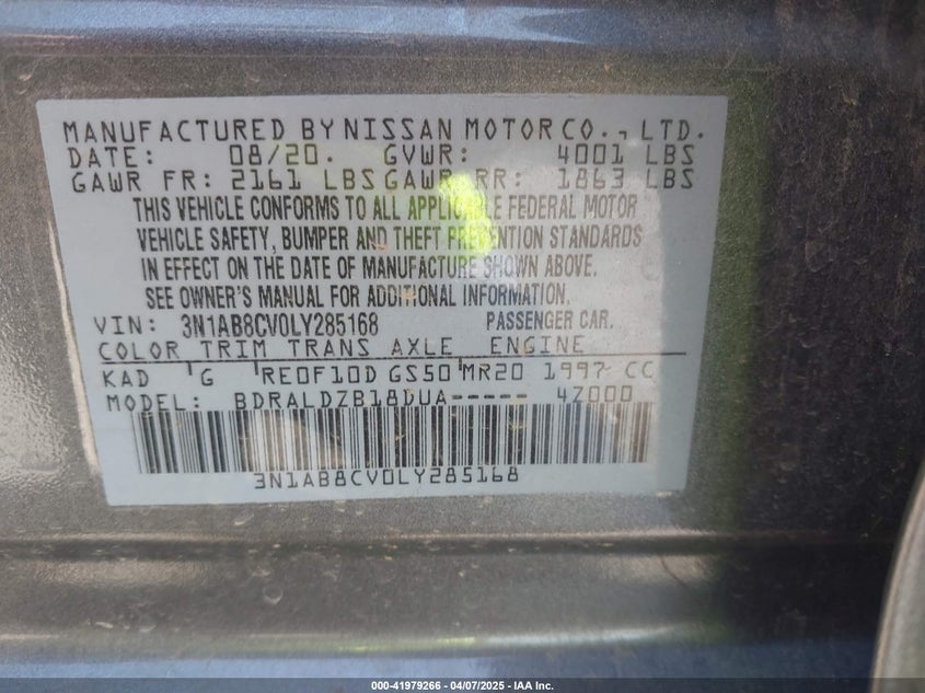2020 NISSAN SENTRA VIN: 3N1AB8CV0LY285168