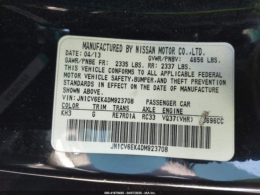 2013 INFINITI G37 VIN: JN1CV6EK4DM923708