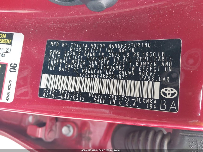 2019 TOYOTA COROLLA VIN: 5YFBURHE4KP883871