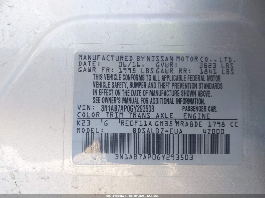 2016 NISSAN SENTRA VIN: 3N1AB7AP0GY293503