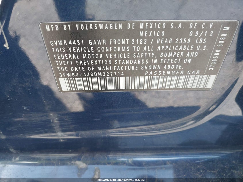 2013 VOLKSWAGEN JETTA HYBRID VIN: 3VW637AJ8DM227714