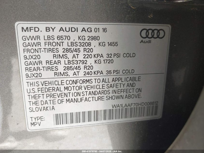2017 Audi Q7 3.0T Premium VIN: WA1LAAF70HD006612 Lot: 41979760