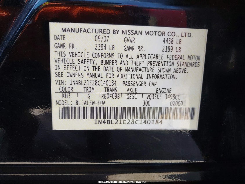 2008 NISSAN ALTIMA VIN: 1N4BL21E28C140184