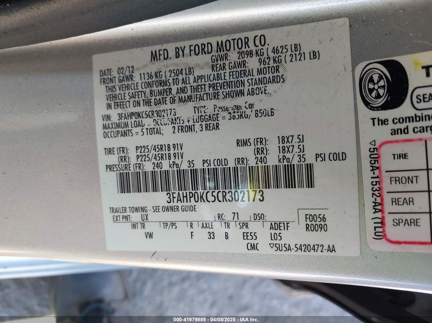 2012 FORD FUSION VIN: 3FAHP0KC5CR302173