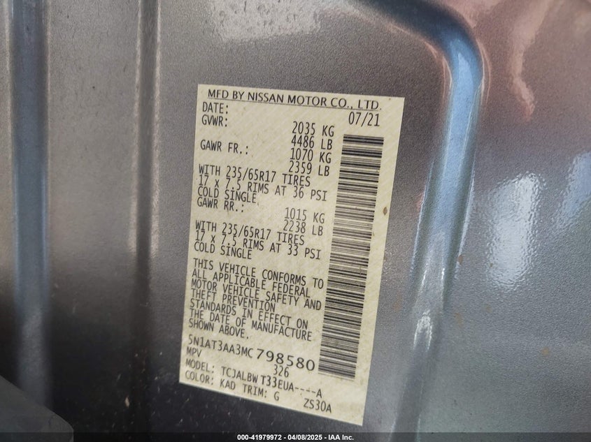 VIN 5N1AT3AA3MC798580 2021 NISSAN ROGUE S FWD