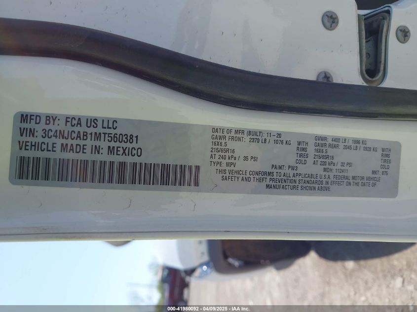 2021 Jeep Compass Sport Fwd VIN: 3C4NJCAB1MT560381 Lot: 41980092