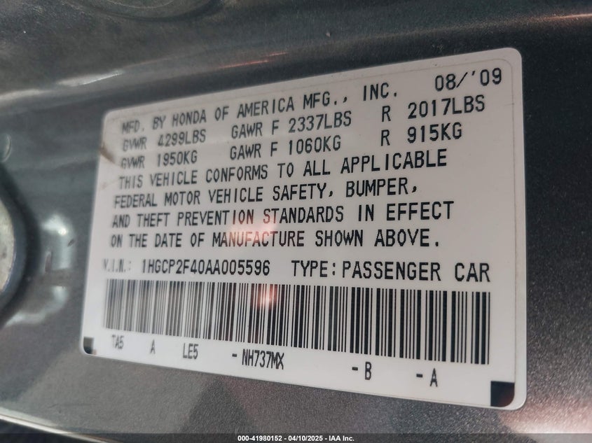 2010 HONDA ACCORD VIN: 1HGCP2F40AA005596