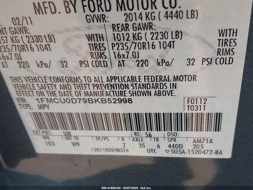 2011 FORD ESCAPE VIN: 1FMCU0D79BKB52998