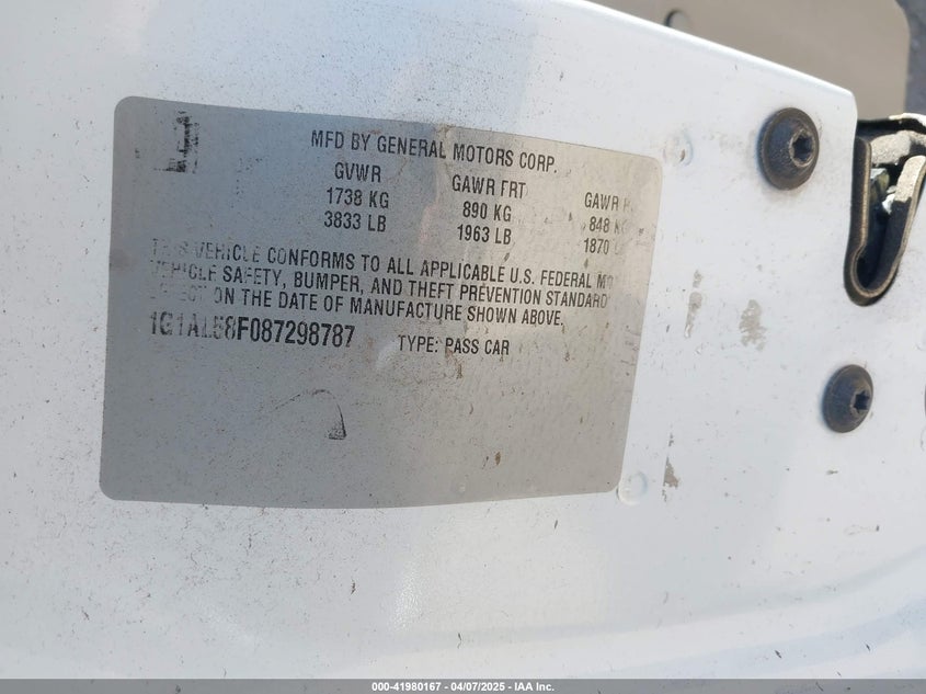 2008 CHEVROLET COBALT VIN: 1G1AL58F087298787