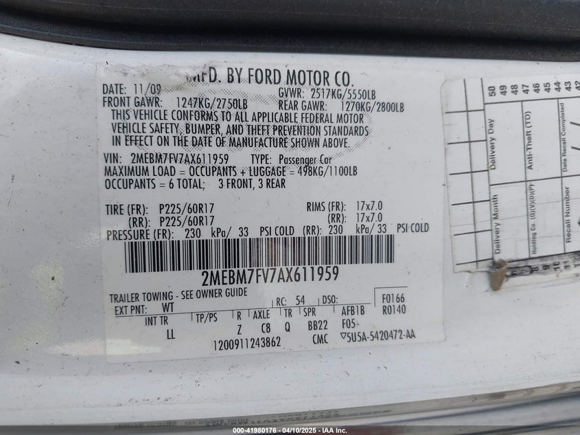 2010 MERCURY GRAND MARQUIS VIN: 2MEBM7FV7AX611959