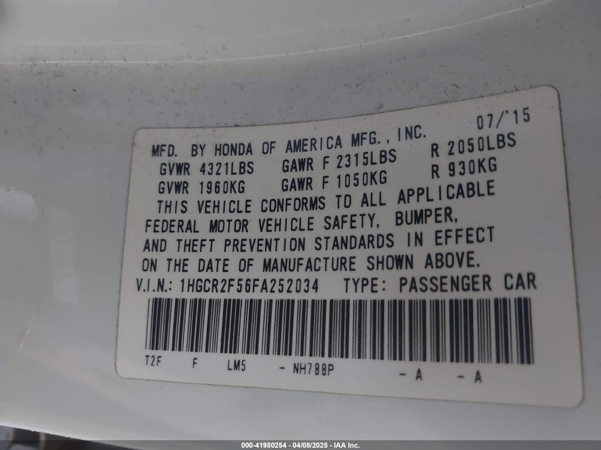 2015 HONDA ACCORD VIN: 1HGCR2F56FA252034