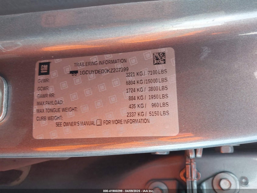 2019 CHEVROLET SILVERADO 1500 VIN: 1GCUYDED0KZ207399