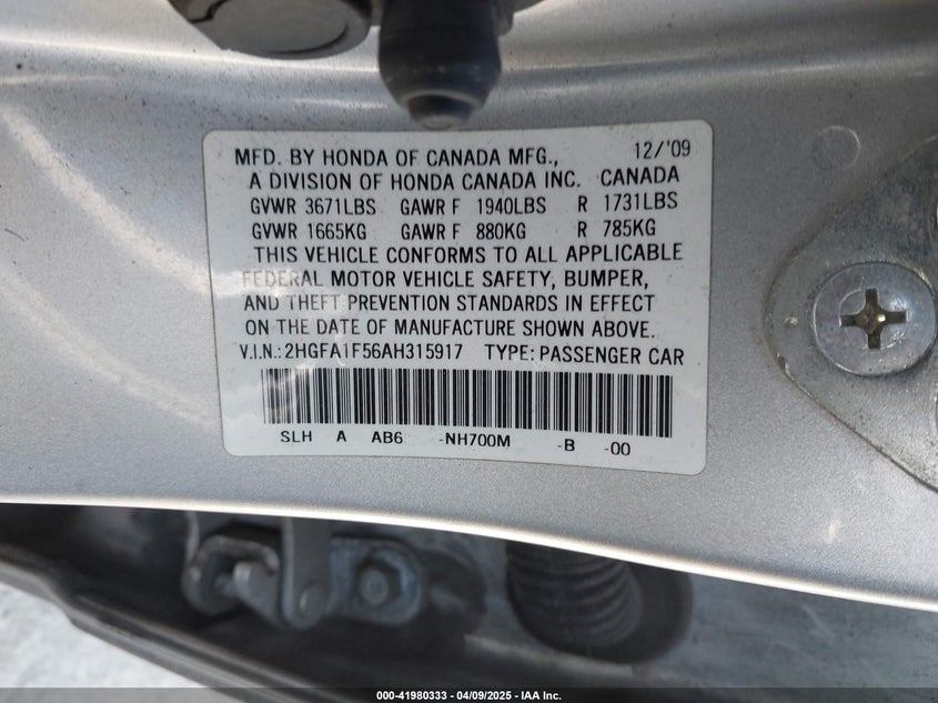2010 HONDA CIVIC VIN: 2HGFA1F56AH315917