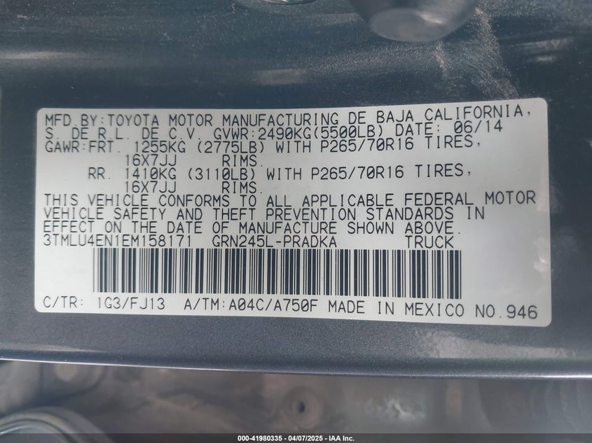 2014 TOYOTA TACOMA VIN: 3TMLU4EN1EM158171