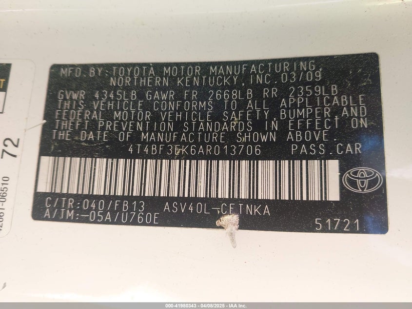 2010 TOYOTA CAMRY VIN: 4T4BF3EK6AR013706