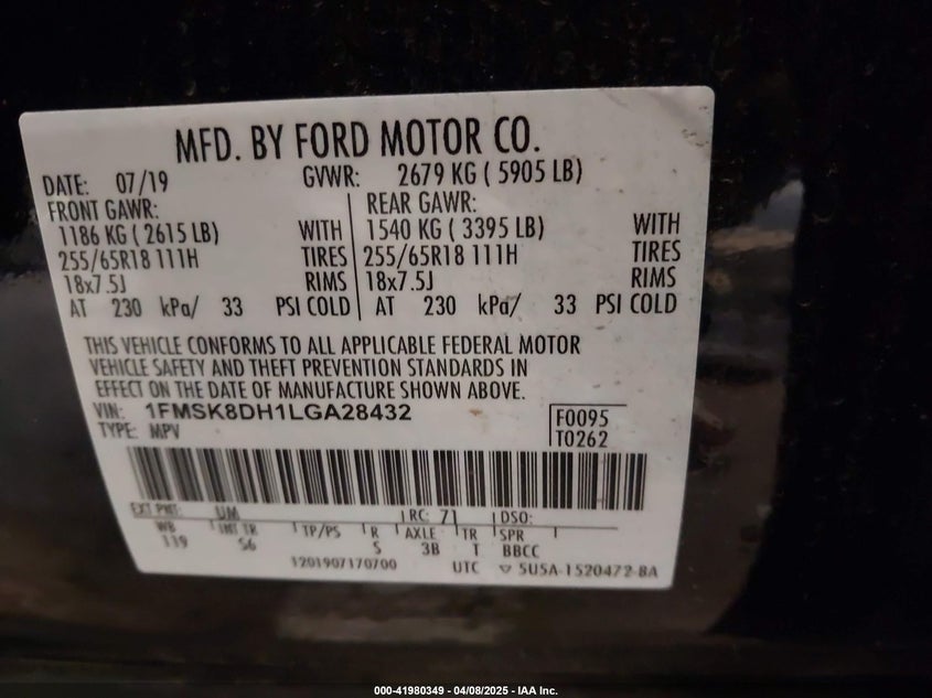 VIN 1FMSK8DH1LGA28432 2020 FORD EXPLORER XLT
