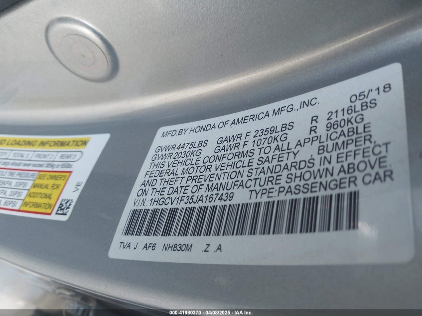 2018 HONDA ACCORD VIN: 1HGCV1F35JA167439