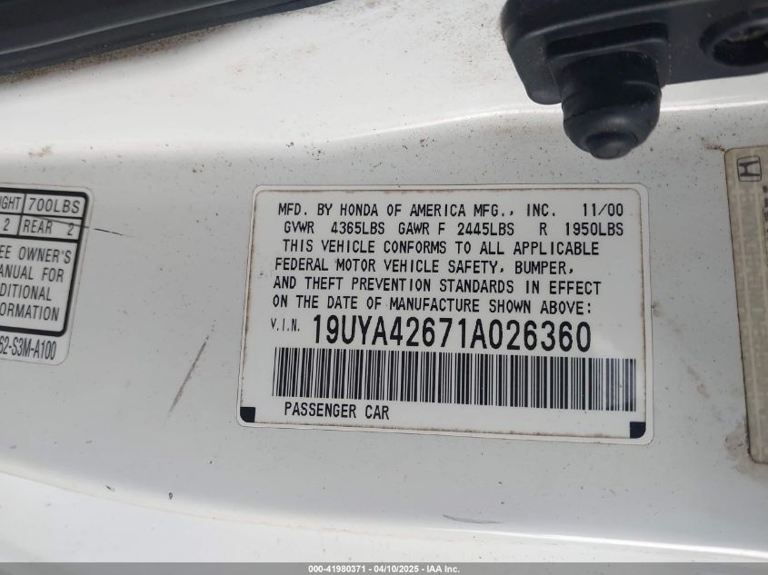 2001 Acura Cl VIN: PRESTONMACSWEANE Lot: 41980371