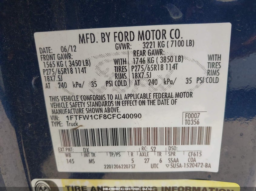 2012 FORD F-150 VIN: 1FTFW1CF8CFC40090