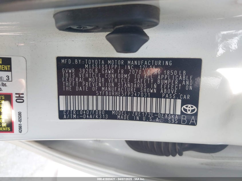 2015 TOYOTA COROLLA VIN: 5YFBURHE5FP247031