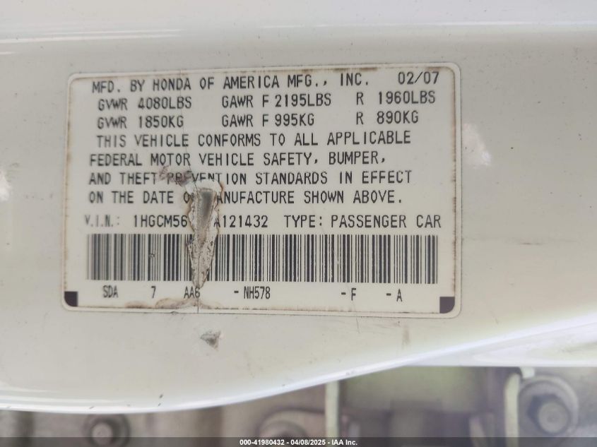 2007 Honda Accord 2.4 Vp VIN: 1HGCM56117A121432 Lot: 41980432