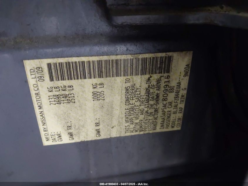 2010 Nissan Maxima 3.5 Sv VIN: 1N4AA5AP5AC809915 Lot: 41980433