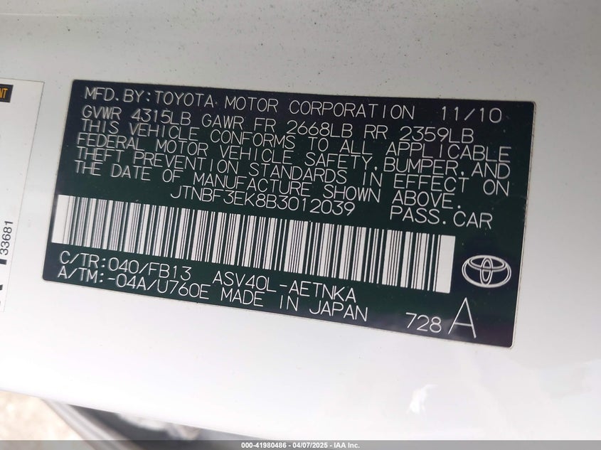 2011 TOYOTA CAMRY VIN: JTNBF3EK8B3012039