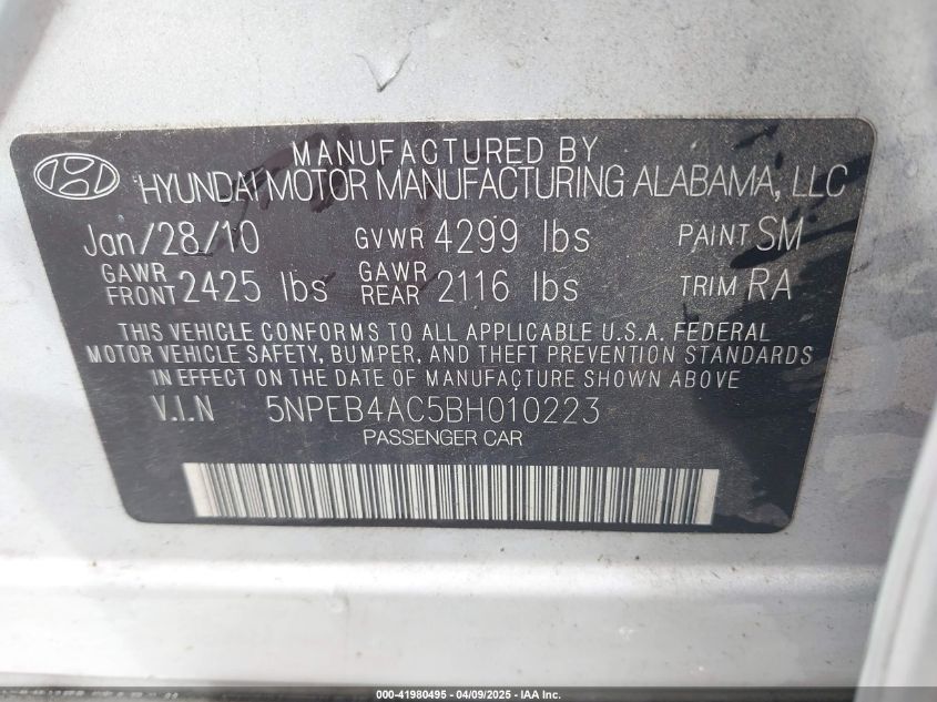 2011 Hyundai Sonata Gls VIN: 5NPEB4AC5BH010223 Lot: 41980495