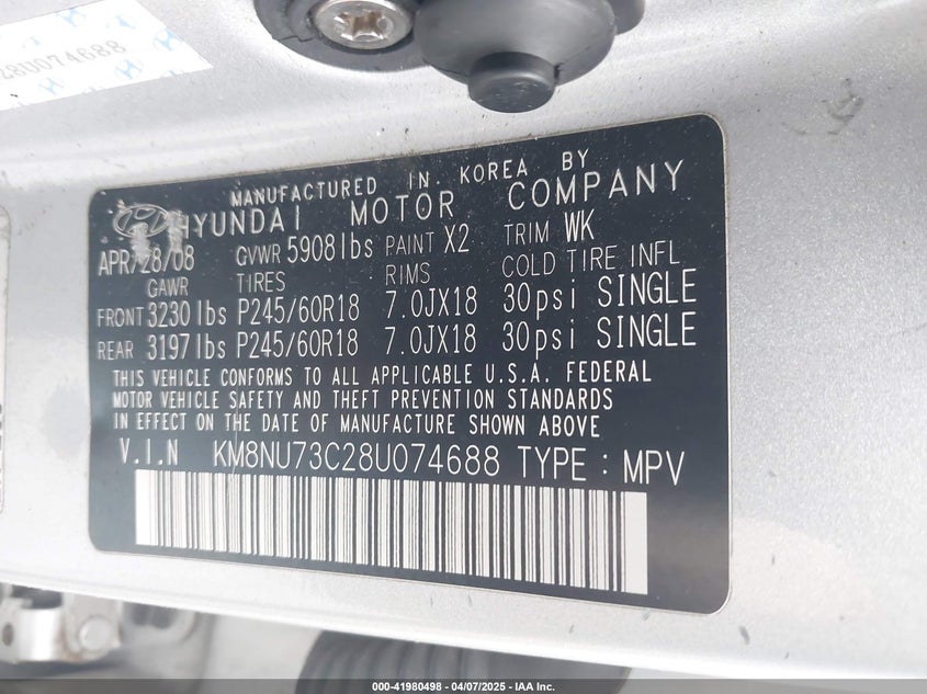 2008 HYUNDAI VERACRUZ VIN: KM8NU73C28U074688