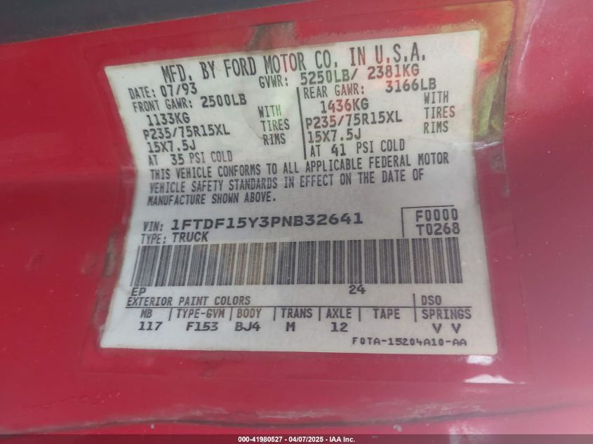 1993 Ford F150 VIN: 1FTDF15Y3PNB32641 Lot: 41980527