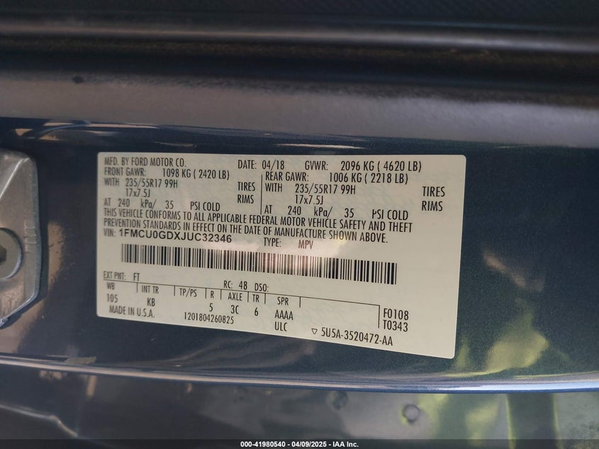 2018 FORD ESCAPE VIN: 1FMCU0GDXJUC32346