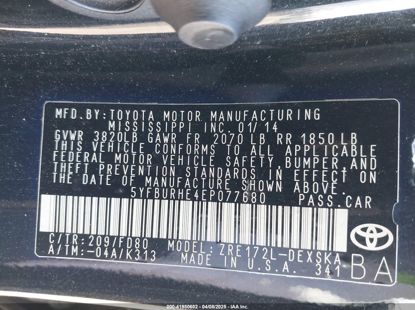 2014 TOYOTA COROLLA VIN: 5YFBURHE4EP077680