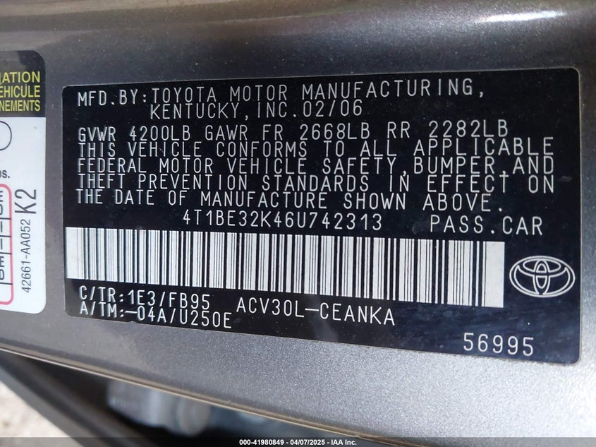 2006 TOYOTA CAMRY VIN: 4T1BE32K46U742313