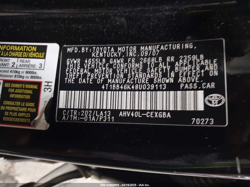 2008 TOYOTA CAMRY VIN: 4T1BB46K48U039113