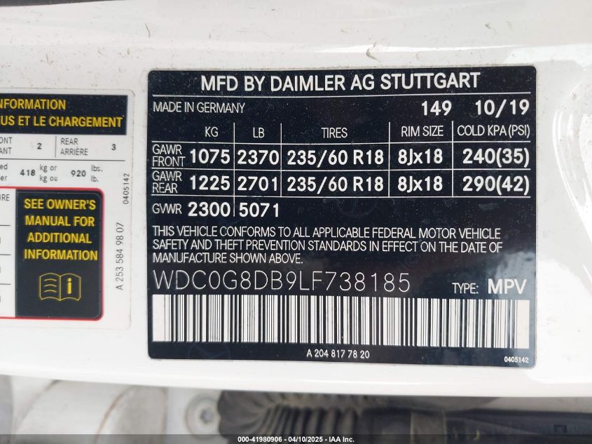 2020 Mercedes-Benz Glc 300 VIN: WDC0G8DB9LF738185 Lot: 41980906