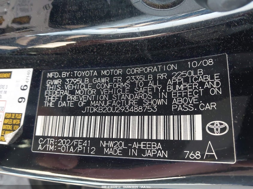 2009 TOYOTA PRIUS VIN: JTDKB20U293488753