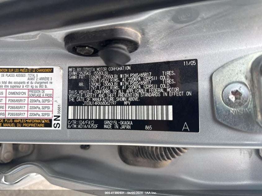 2006 TOYOTA 4RUNNER VIN: JTEBU14RX68062197