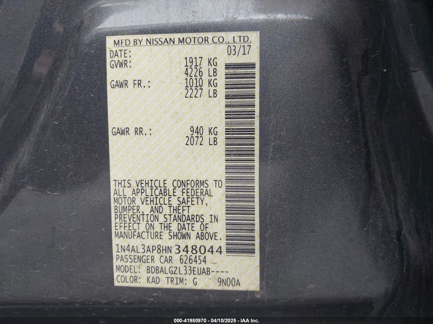 2017 NISSAN ALTIMA VIN: 1N4AL3AP8HN348044