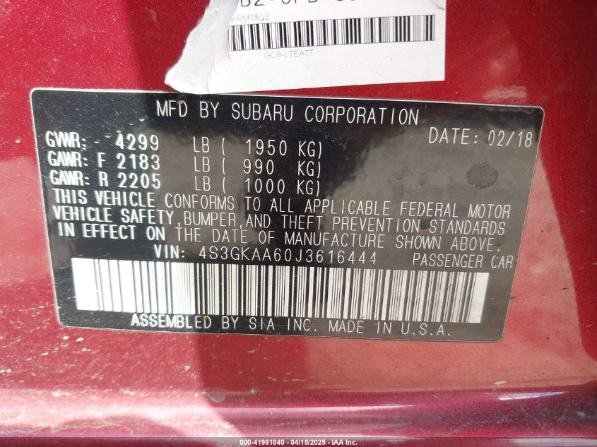 2018 Subaru Impreza 2.0I VIN: 4S3GKAA60J3616444 Lot: 41981040
