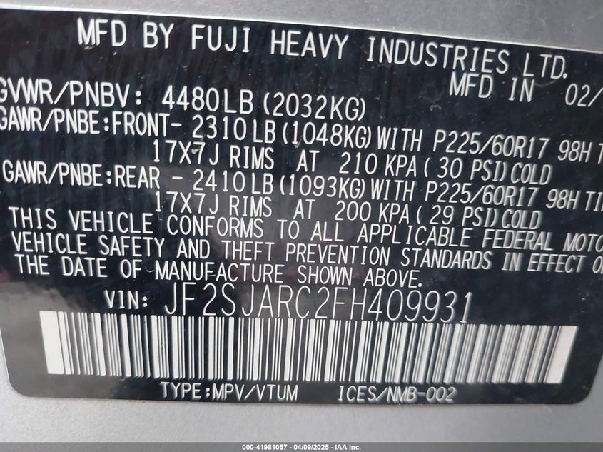 2015 SUBARU FORESTER 2.5I LIMITED - JF2SJARC2FH409931