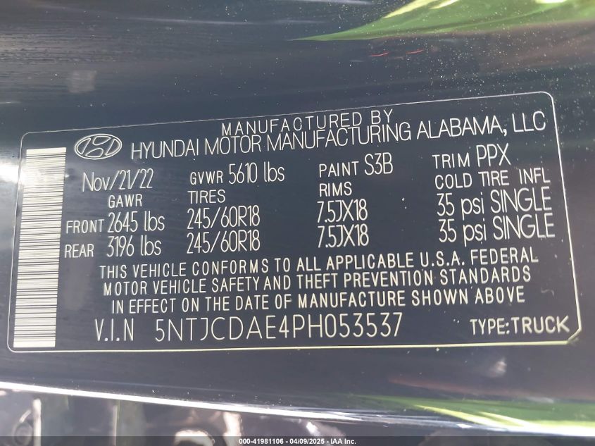 2023 Hyundai Santa Cruz Sel VIN: 5NTJCDAE4PH053537 Lot: 41981106