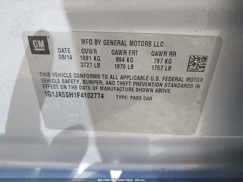 2015 CHEVROLET SONIC VIN: 1G1JA5SH1F4102774